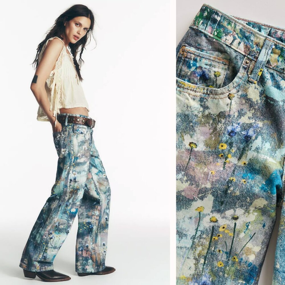 NWT Free People We The Free Tennessee Low-Rise Illusions Paint Jeans 25, 27